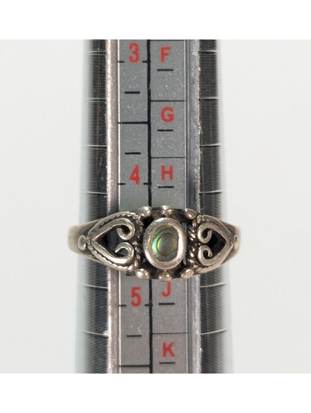 Vintage 925 Sterling Silver Abalone Heart Knot Bead Oval Ring Size 4.5 Dainty - Picture 10 of 11